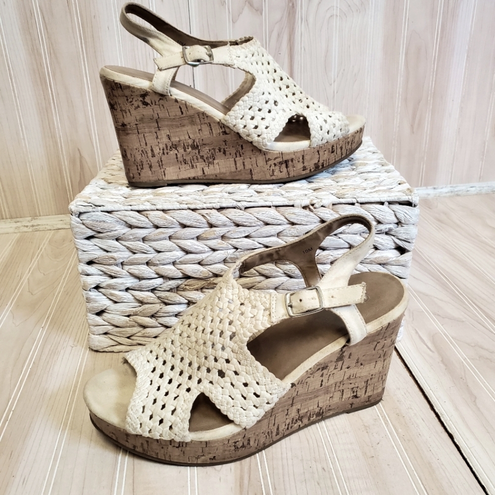 Y2K Resortwear Cork Wedge Ivory Sandals Vacation Cruise Size 10 Boho Chic‎ Beach